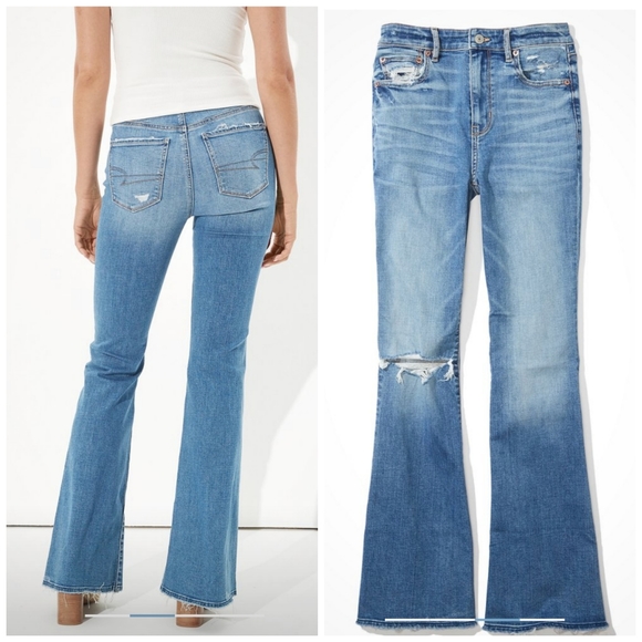 SOLD American Eagle Super High Waist Ripped Flare Jeans sz 14 - Picture 2 of 8